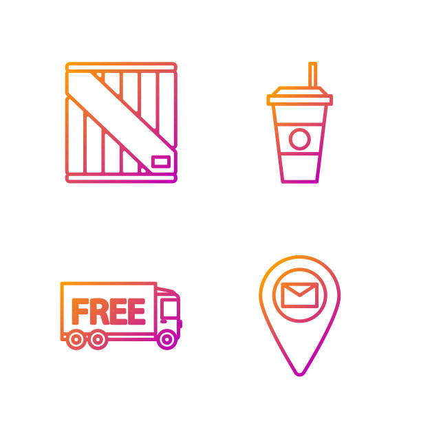 在地图纸上设置线占位符，免费送货服务，木箱和咖啡杯。渐变颜色图标。向量图片下载