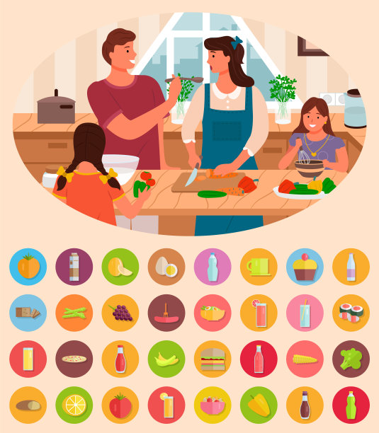 父母和孩子在厨房做饭，食物图片下载