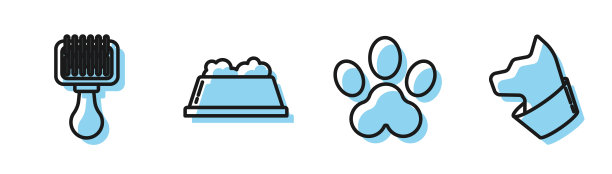 设定线爪印，毛刷狗和猫，宠物食品碗和猫图标。向量图片下载