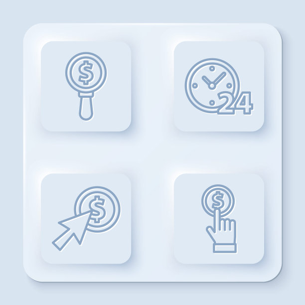 设定线放大镜和美元，时钟24小时，光标和硬币和手持硬币。白色正方形按钮。向量图片下载