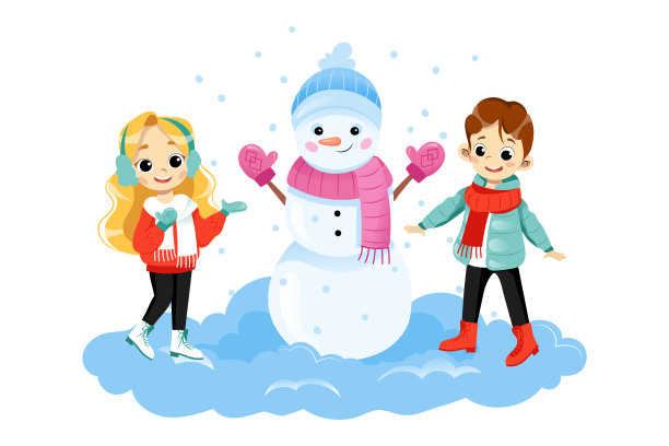 两个小朋友站在雪人旁边微笑。矢量插图在白色背景在卡通平面风格。男孩和女孩穿着冬天的衣服积极地花时间在外面的雪图片下载
