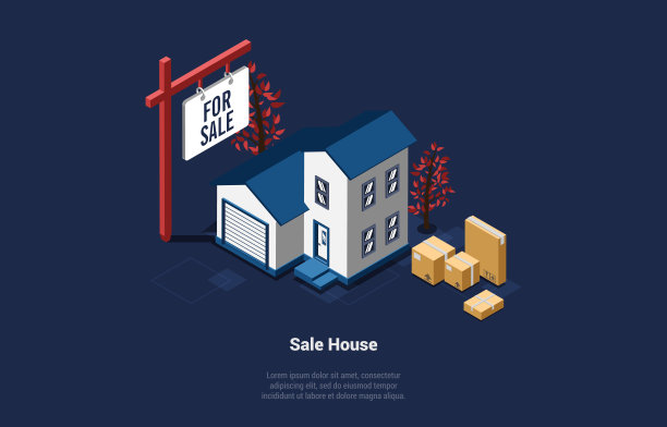 在黑暗的背景上出售的房子的矢量插图。3D卡通构图，等距风格与文字。房地产业务，搬家的概念。建筑与文本，纸箱附近图片下载