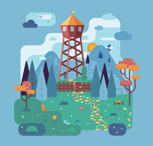 卡通矢量插图在平面风格-半木木塔，杉树森林，山和草地与黄色的道路和鲜花图片下载