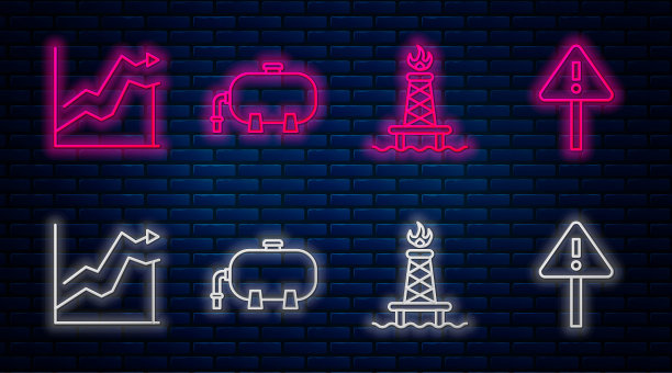 设石油工业厂房、石油钻塔失火、油价上涨、三角形感叹号。砖墙上发光的霓虹灯图标。向量图片下载