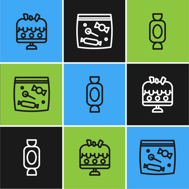 设置线蛋糕盘，糖果和包装糖果图标。向量图片下载