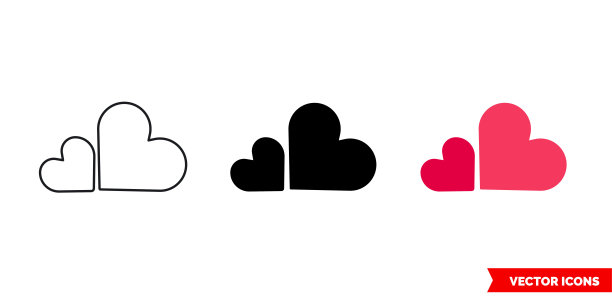 两颗心图标三种颜色，黑白，轮廓。孤立向量符号符号图片下载