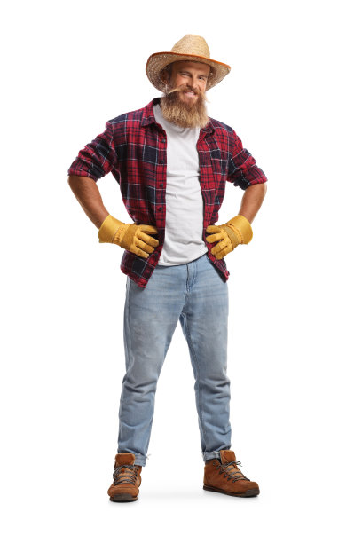 一个戴着手套和草帽的长胡子农民的全身像图片下载