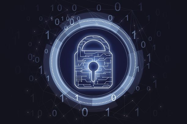 黑色背景上的虚拟创意锁符号和微电路插图。保护和防火墙的概念。三维渲染图片下载
