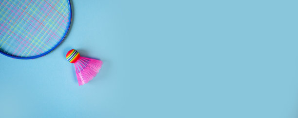 蓝色背景上的粉色羽毛球和球拍。概念:极简主义，夏季户外游戏图片下载