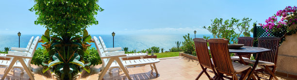 阳台有躺椅，盆栽植物和海景图片下载