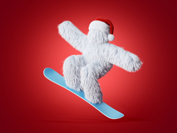 3d渲染，白色毛茸茸的雪人在圣诞帽上跳滑雪板。冬季运动的概念。毛茸茸的大脚卡通人物，可怕的怪物孤立在红色背景，活跃的姿态图片下载