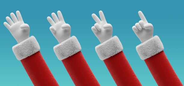 3d渲染，圣诞老人卡通人物的手在红色的袖子与毛皮和白手套，手指显示数字从1到4。数序列。圣诞剪辑艺术孤立在蓝色背景图片下载