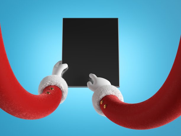 3d渲染，圣诞老人双手在红色的袖子与白手套持空白板，黑色移动设备，无线小玩意。有趣的卡通人物。圣诞剪辑艺术孤立在蓝色背景图片下载