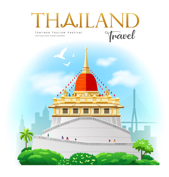 金色的山与红色织物曼谷泰国图片下载