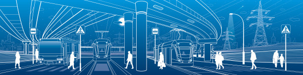 城市场景。汽车桥、天桥。乘客从公共汽车和电车下车。背景是夜城。城市交通。电力线路。大纲矢量基础设施插图。白色的轮廓草图。图片下载