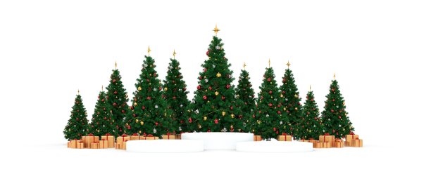 圣诞树与礼物和黄金饰品3D渲染图片下载