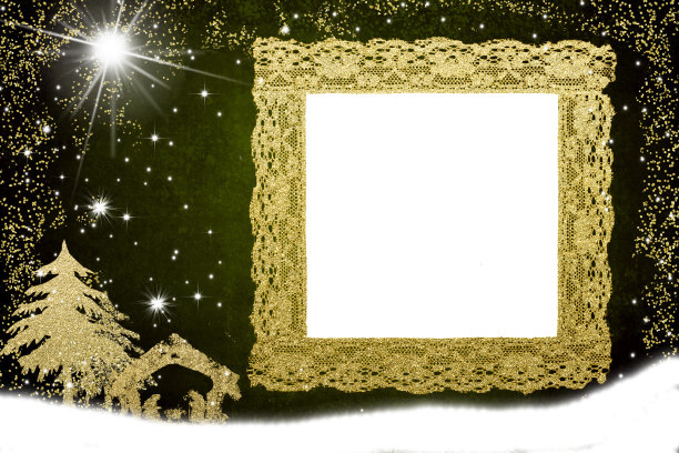 圣诞空相框问候卡。金灿灿的耶稣诞生场景图片下载