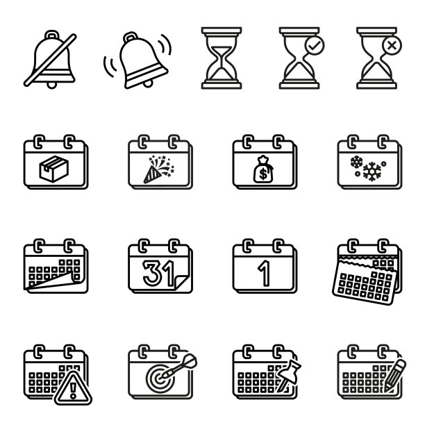 日历和日期图标设置在白色背景上图片下载