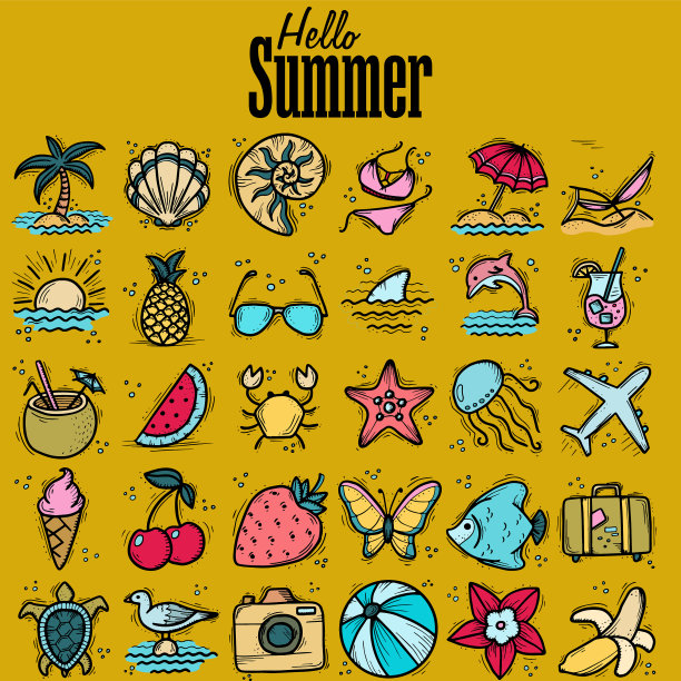 设置夏季的图标和设计元素图片下载