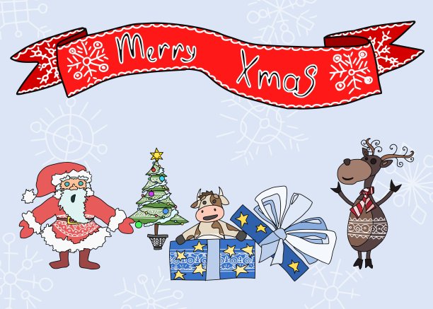 圣诞快乐贺卡：圣诞老人、鹿和牛矢量素材图片下载