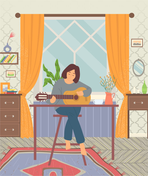 女性弹吉他甜蜜的家庭滚刀图片下载