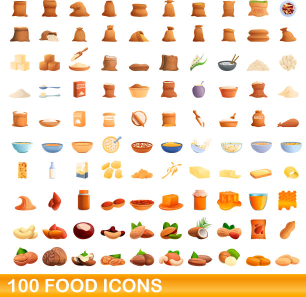 100个食物图标设置卡通风格图片下载