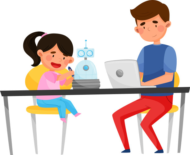 一个年轻的学生和一个孩子坐在桌子旁图片下载