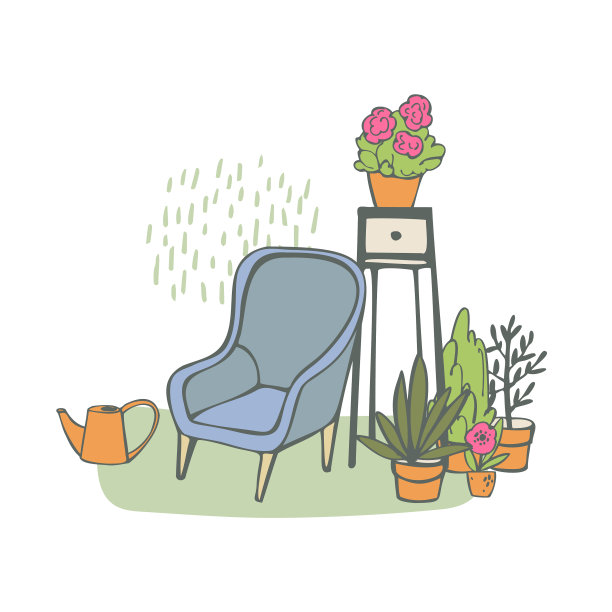 扶手椅和盆花素描图片下载