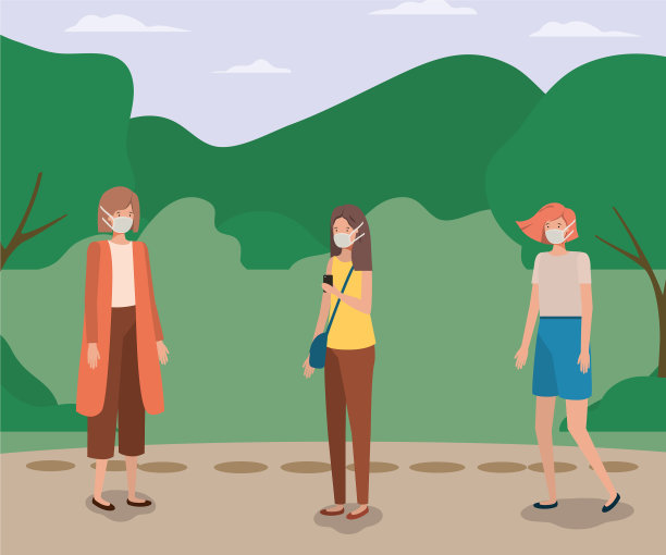 在公园里戴面具的女孩之间的社交距离图片下载