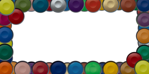 抽象特写的一套丰富的彩色水彩画在不同大小的圆形容器布局作为孤立的框架在白色的背景。选择性聚焦，水平横幅，大的拷贝空间。图片下载