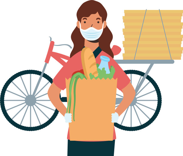 送外卖的女人带着面具自行车包和盒子图片下载