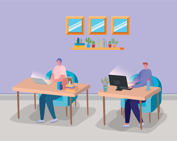 漫画男与笔记本电脑和电脑在书桌上图片下载