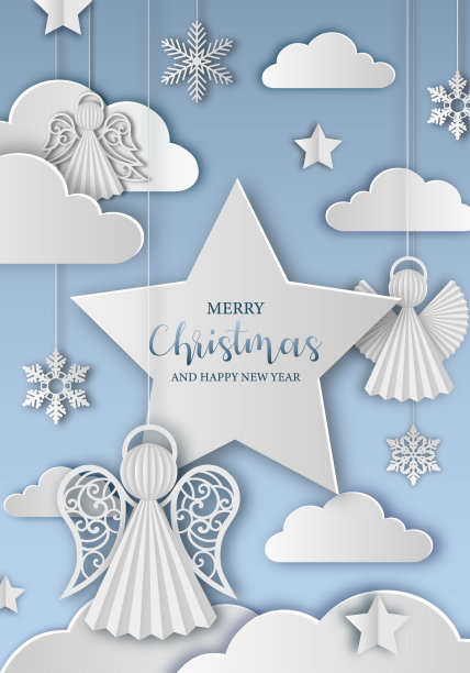 有纸天使、星星、云彩和雪花的圣诞卡片图片下载
