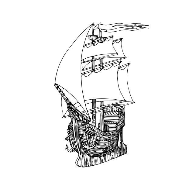 木制帆船，由带有桅杆、锚和帆的木板制成，象征着青春的梦想和浪漫图片下载