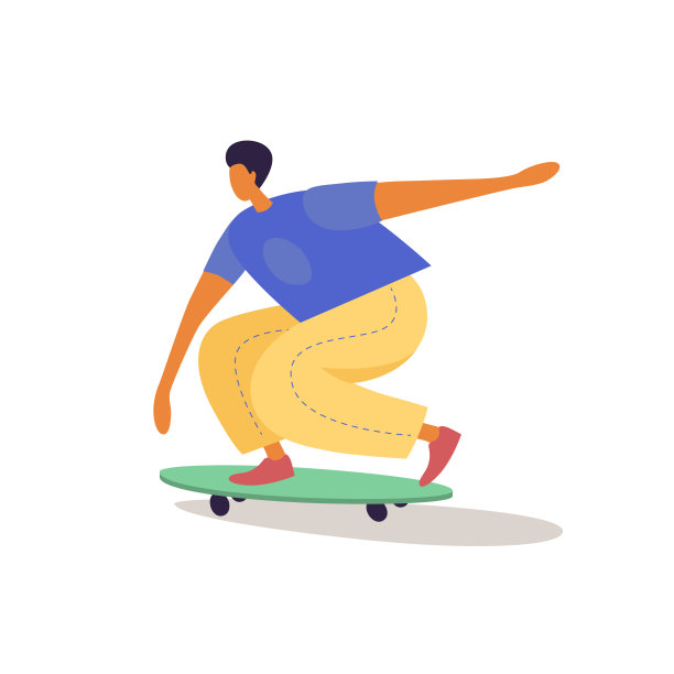 男孩滑板骑滑板在时髦的平面风格。素材图片