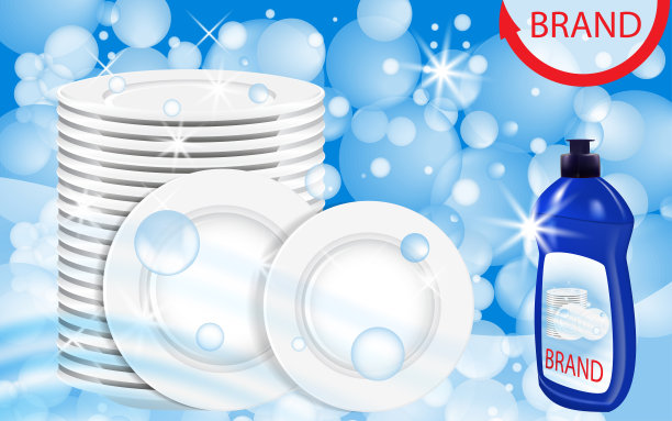 洗碗液产品与盘子堆叠。瓶子的标签设计。洗碗广告海报布局。向量图片下载