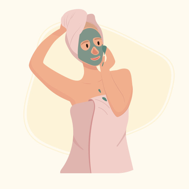 洗完澡的女人头上戴着毛巾，脸上戴着清洁面膜。矢量图图片下载