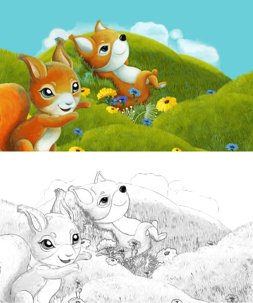 漫画与速写场景与速写森林动物在草地上-插图图片下载