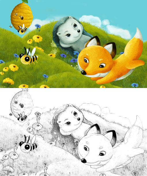 漫画与速写场景与速写森林动物在草地上-插图图片下载