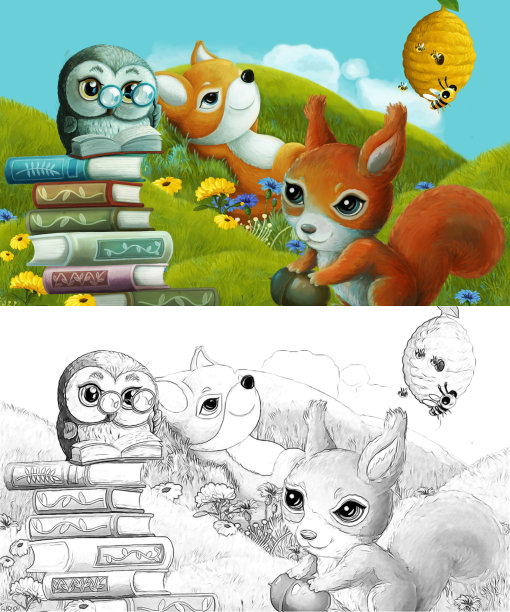 漫画与速写场景与速写森林动物在草地上-插图图片下载