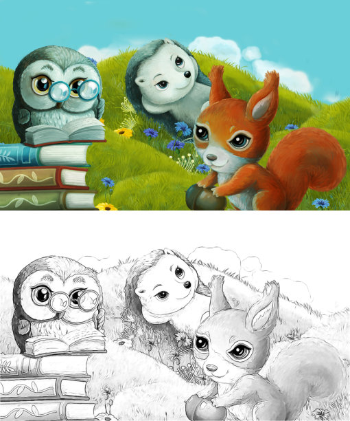 漫画与速写场景与速写森林动物在草地上-插图图片下载