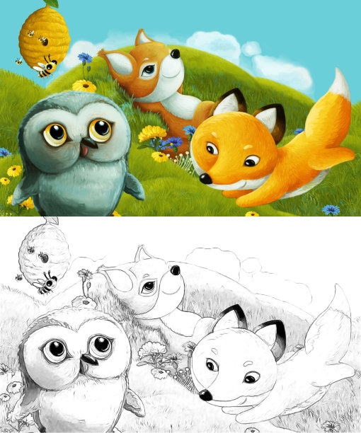 漫画与速写场景与速写森林动物在草地上-插图图片下载