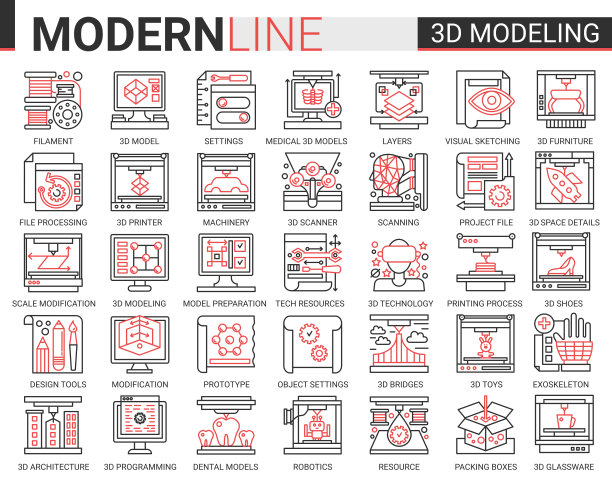 3d打印复杂概念科学技术细线web图标矢量集。红黑细线创意设计配合现代科技打印机设备机械造型，科学创新未来图片下载