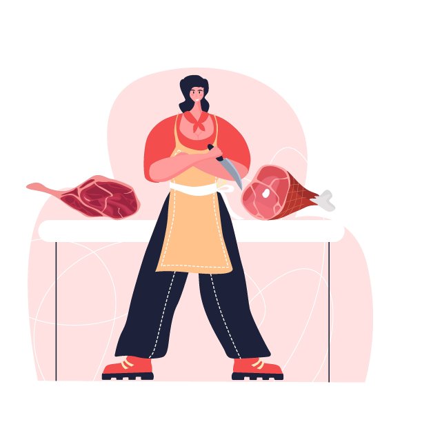 屠夫的女人。女性的职业。鲜肉及肉制品。孤立矢量图图片下载