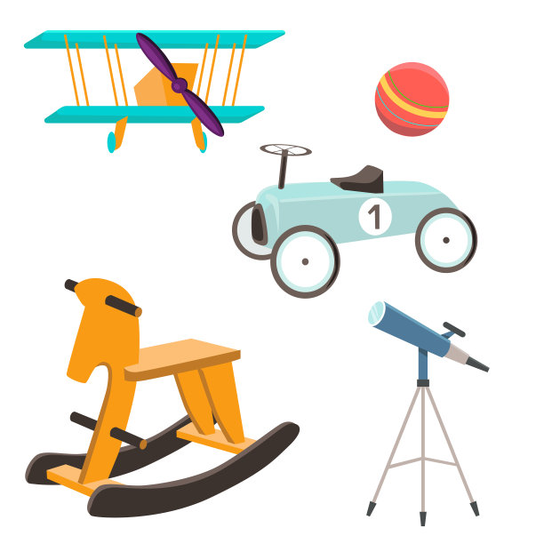 孩子们的玩具。给男孩的玩具——一辆汽车，一个球，一个望远镜，一匹马。集。矢量插图。图片下载