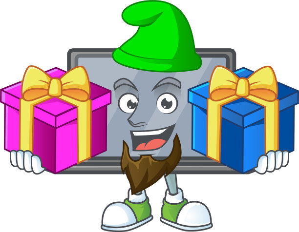 一个可爱的显示器卡通与两盒礼物图片下载