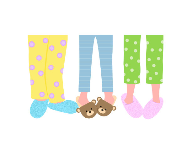 孩子们穿着睡衣拖鞋的腿。睡衣派对，儿童节日。可修改的矢量插图。图片下载