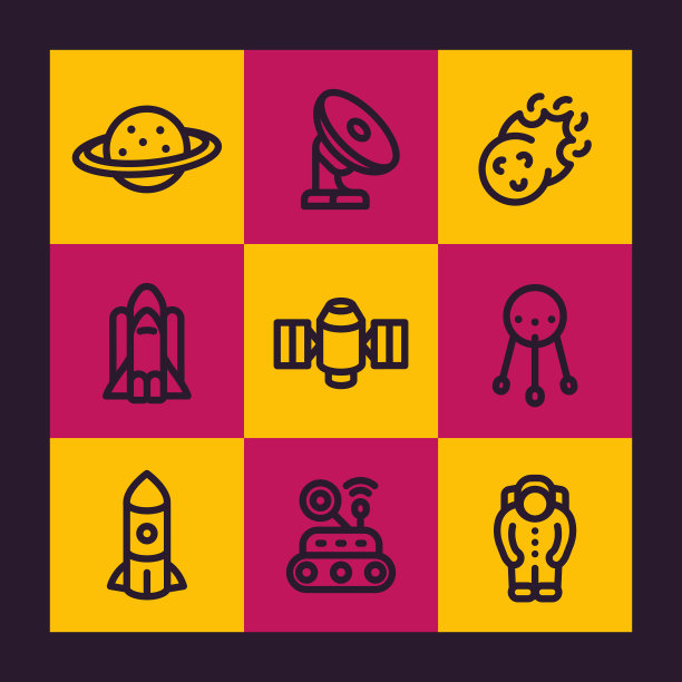 太空线图标设置，行星，射电望远镜，彗星，宇航员，卫星，太空探测器，航天飞机，太空服，矢量插图图片下载