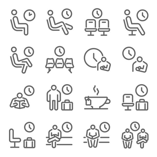 候车室图标插图矢量集。包含等图标，如等待，时钟，椅子，座位，冷藏，休息室等。扩大中风图片下载