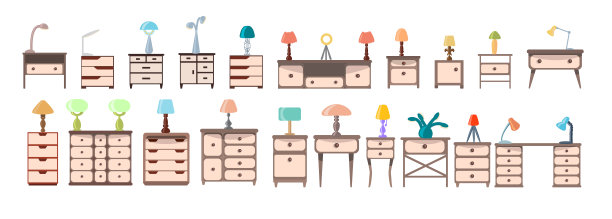 一套可爱的床头柜、梳妆台、衣柜，白色的背景上隔着电灯。现代家具和灯具的收藏，为卧室，办公室。矢量插图在平面风格。图片下载